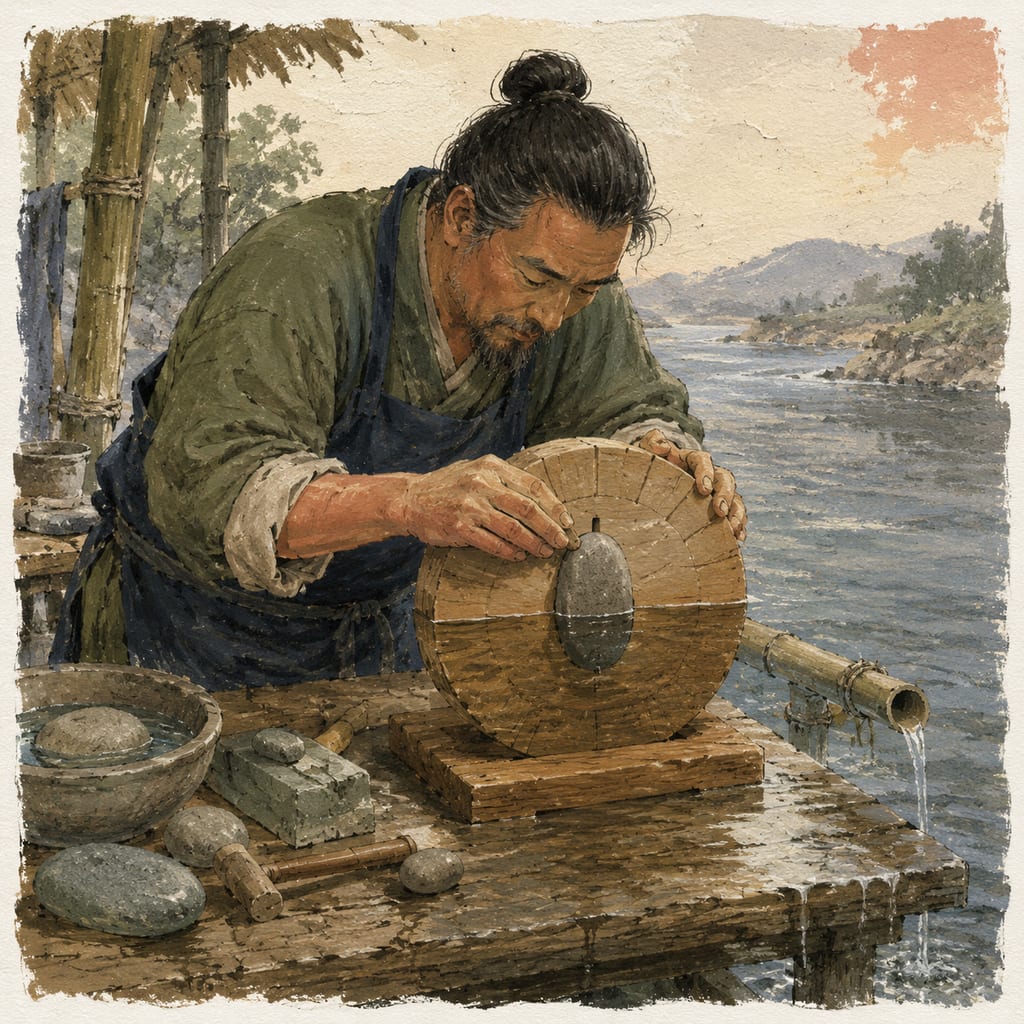 黑哥 AI 原创插画案例：把河石磨成季节刻度的岸边钟表师：把扁平石片嵌入木盘。