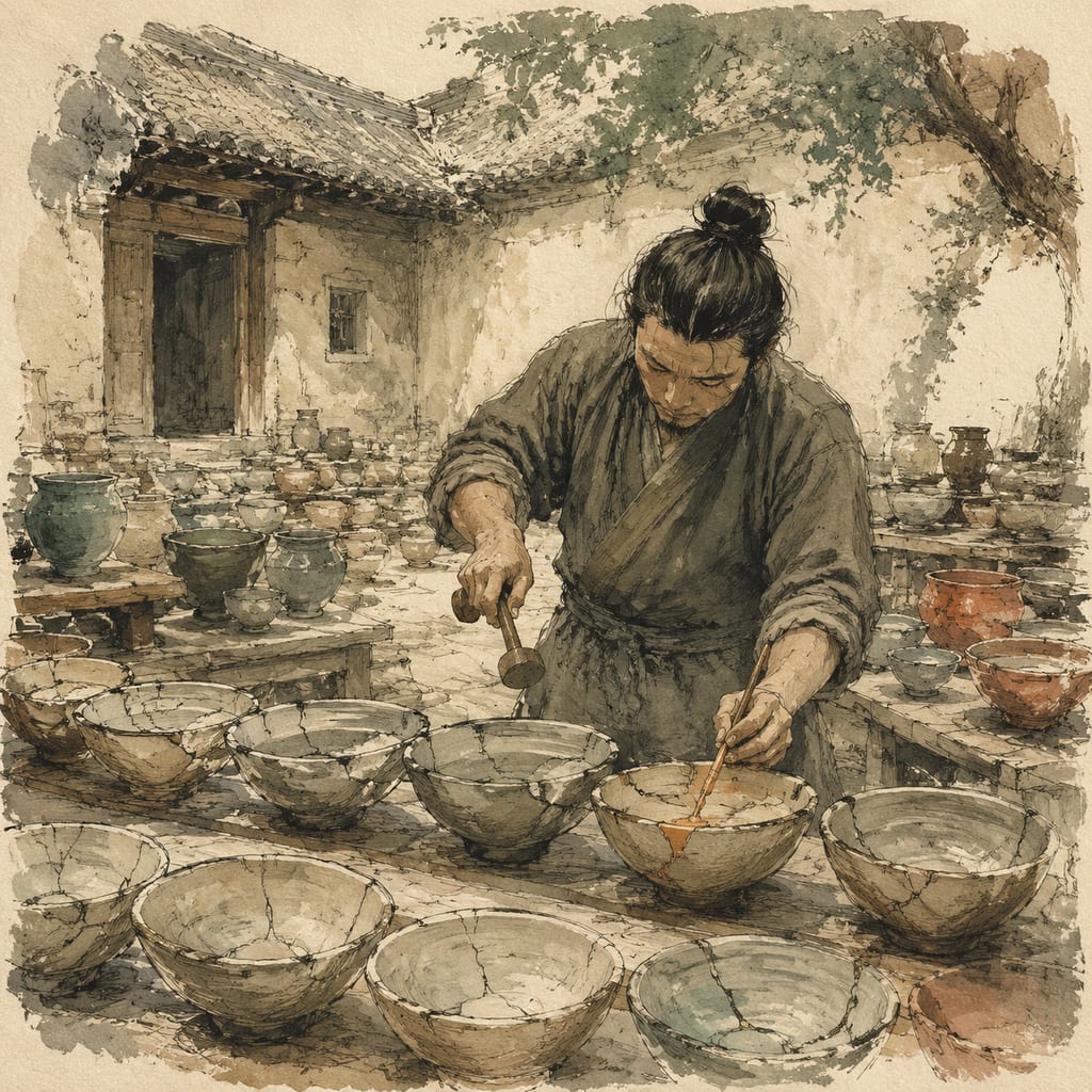 黑哥 AI 原创插画案例：让裂碗用不同音高自报伤口的修补合唱团：依次轻敲裂碗。