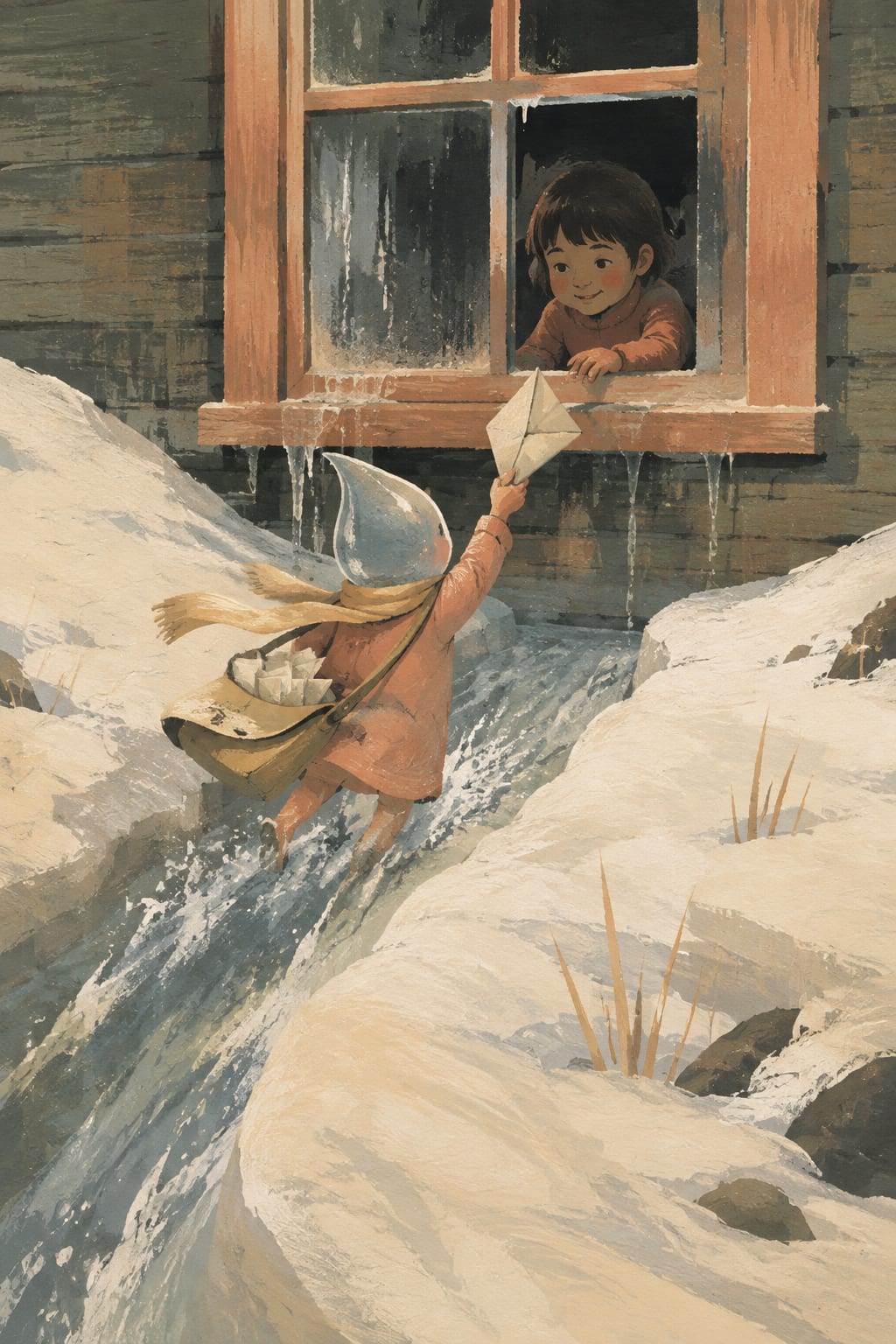 黑哥 AI 原创插画案例：沿融雪沟递送春天通知的冰水邮差：沿冰沟滑下并敲响第一扇窗。