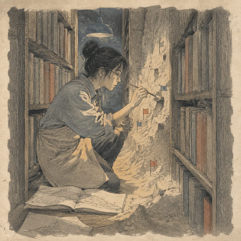 黑哥 AI 原创插画案例：测绘书架背后尘埃山脉的图书馆员：用细刷标出书后尘脊。
