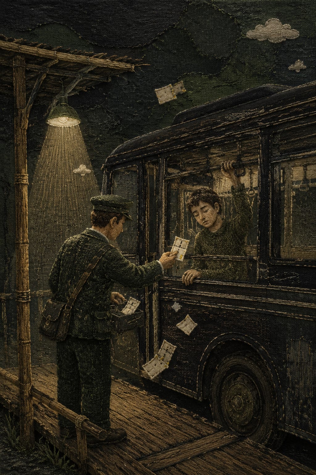 黑哥 AI 原创插画案例：为夜班乘客检票梦境的巴士乘务员：在终点站剪下梦票一角。