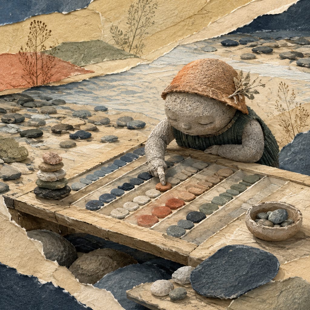 黑哥 AI 原创插画案例：按触感统计河滩石子的卵石普查局：闭眼摸过一排石子。