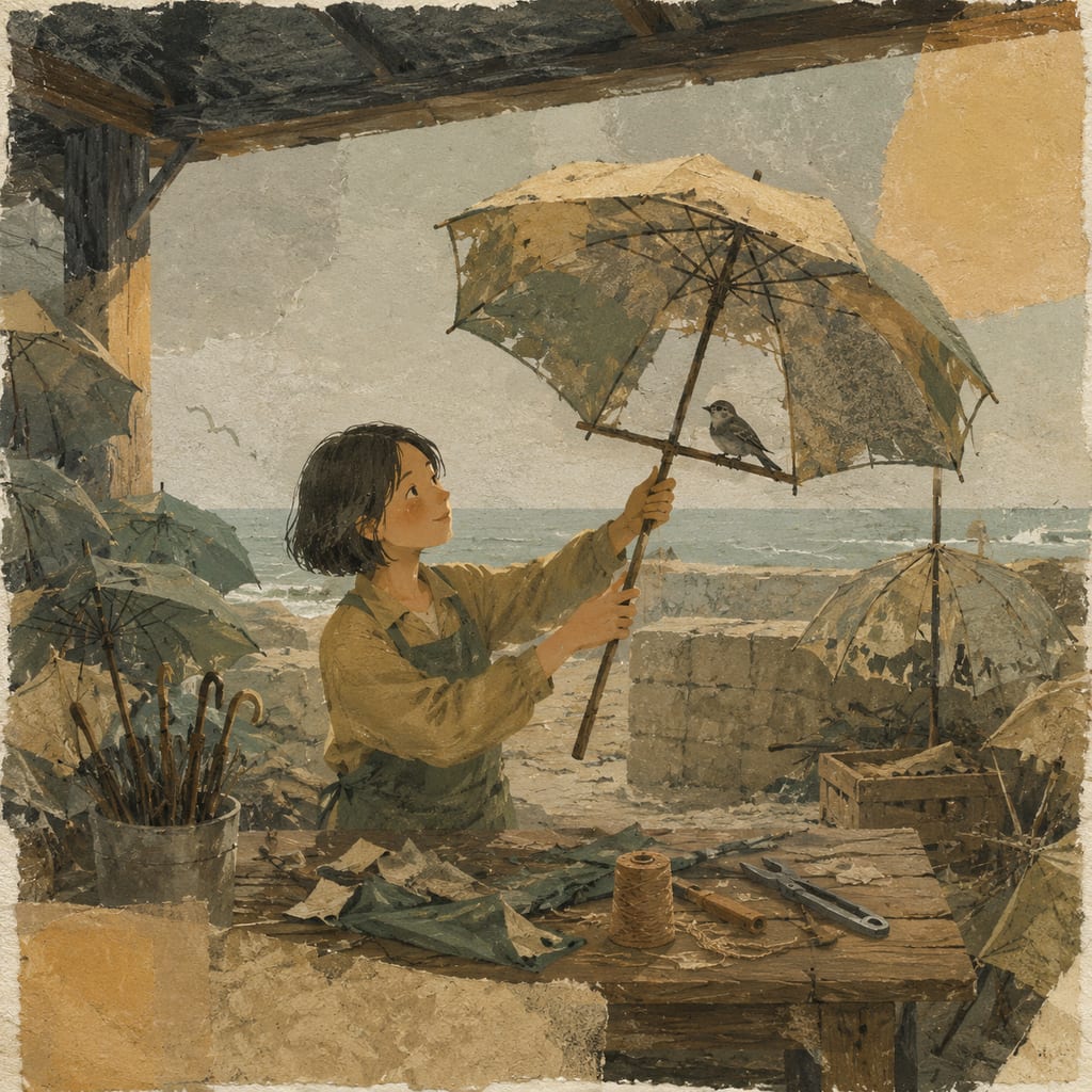 黑哥 AI 原创插画案例：把破伞改造成候鸟驿站的迁徙工坊：撑开一把补过的旧伞。