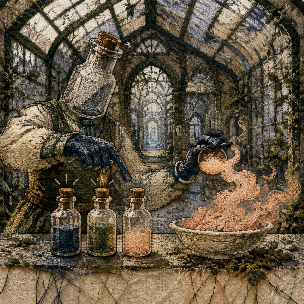 黑哥 AI 原创插画案例：按回声剂量配药的玻璃瓶药师：轻敲三只药瓶比较回声。