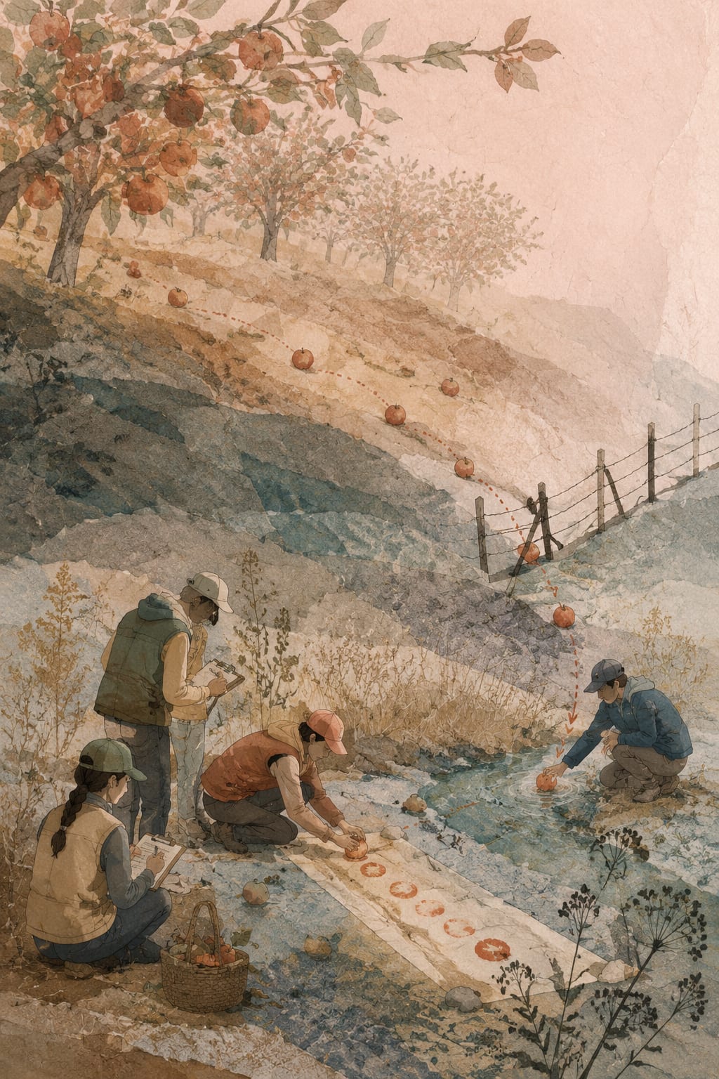黑哥 AI 原创插画案例：给落果登记去向的果园普查队：沿滚动方向给落果盖章。