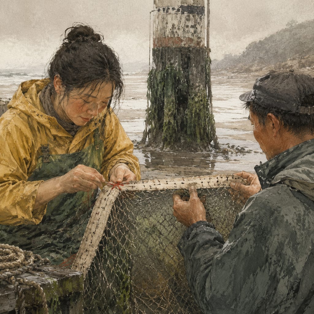 黑哥 AI 原创插画案例：把潮历缝进渔网边缘的海岸裁缝：把本月最高潮位缝成红结。