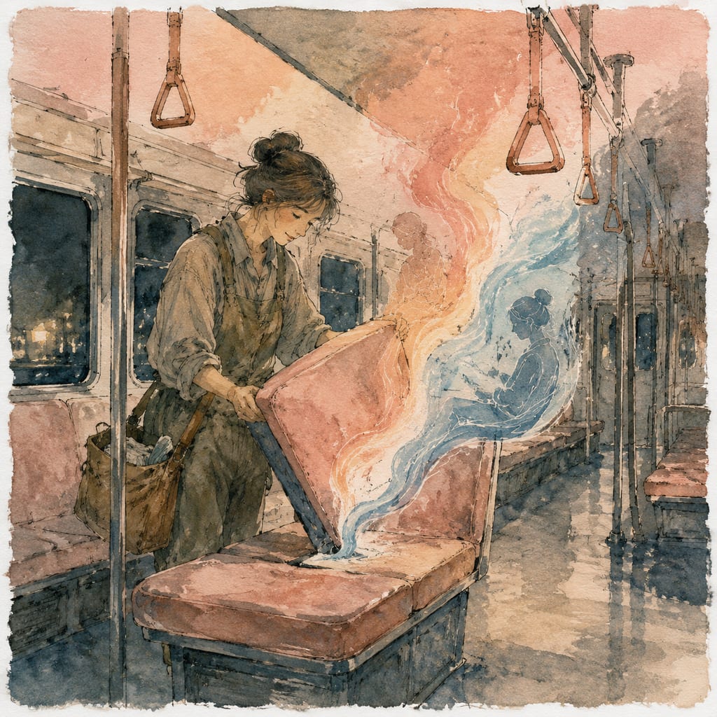 黑哥 AI 原创插画案例：收集末班地铁座椅记忆的软垫管理员：掀起一块旧坐垫。