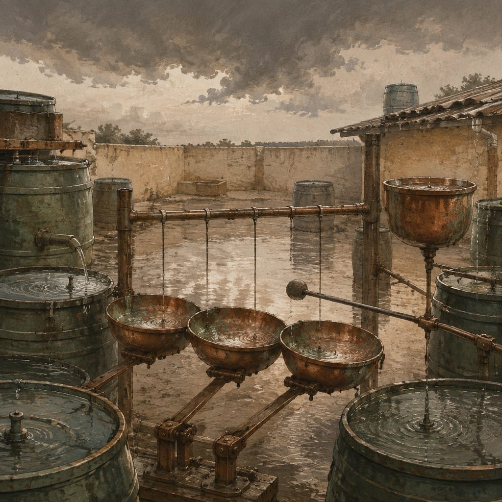 黑哥 AI 原创插画案例：用雨滴校音的蓄水桶乐团：移动三只铜盆寻找同一节拍。