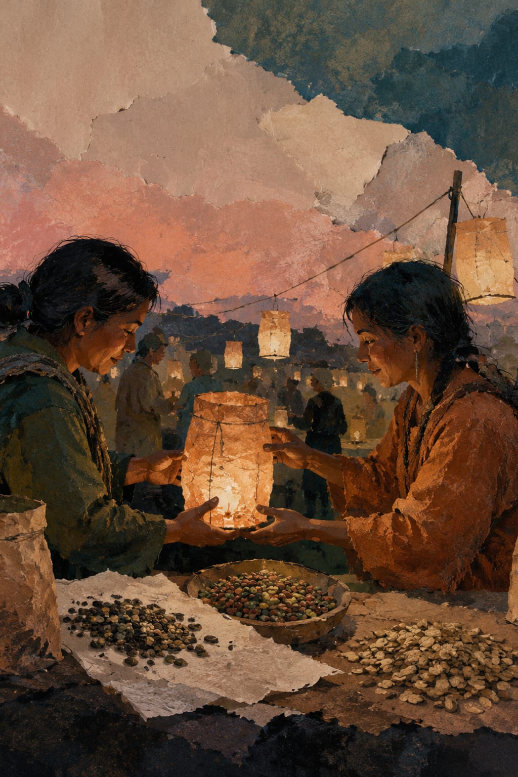黑哥 AI 原创插画案例：用纸灯交换本地种子的黄昏集市：点亮代表交换成功的纸灯。