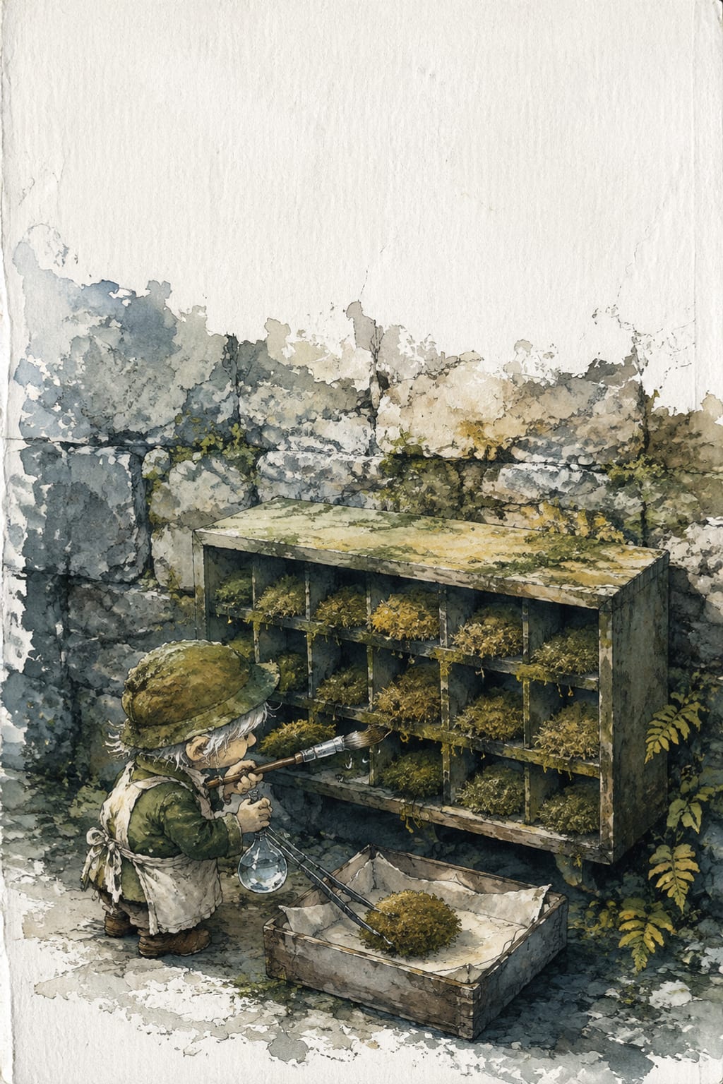 黑哥 AI 原创插画案例：照看石墙上百年苔藓编号的微型档案员：用露珠清洁苔藓编号。