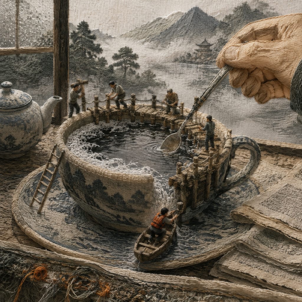 黑哥 AI 原创插画案例：在茶杯边缘修建晨雾码头的微缩工匠：用糖匙量水深。