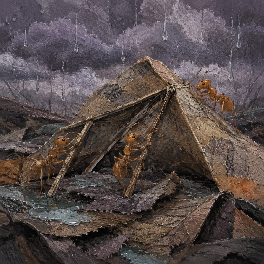 黑哥 AI 原创插画案例：把落叶修成小型避雨站的昆虫建筑师：把叶脉折成承重梁。