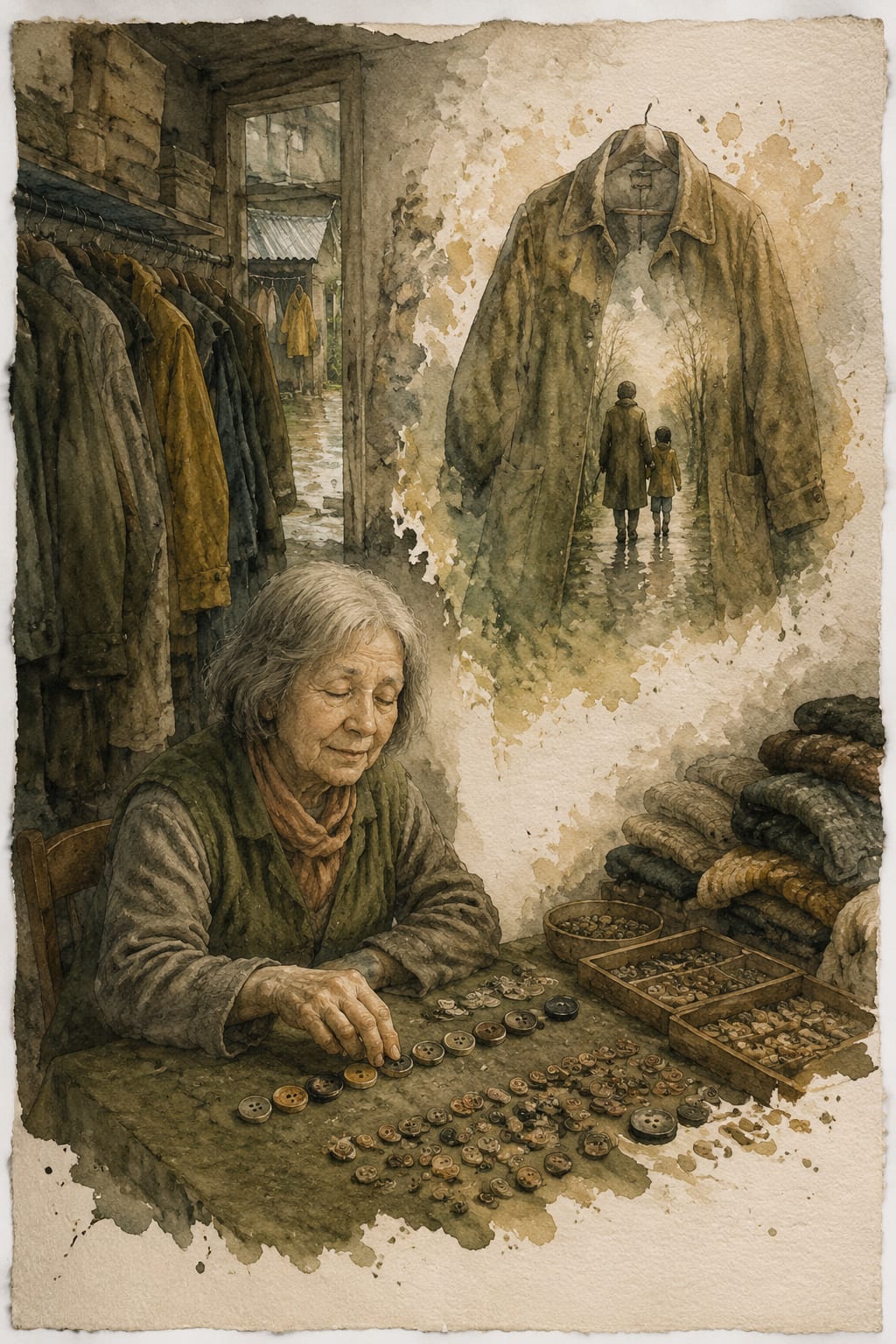 黑哥 AI 原创插画案例：按触感整理家族故事的旧纽扣档案员：闭眼摸过一排纽扣。