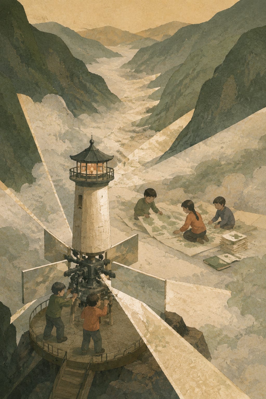 黑哥 AI 原创插画案例：把雾裁成折叠地图的山谷灯塔：旋转镜面叶片切开浓雾。