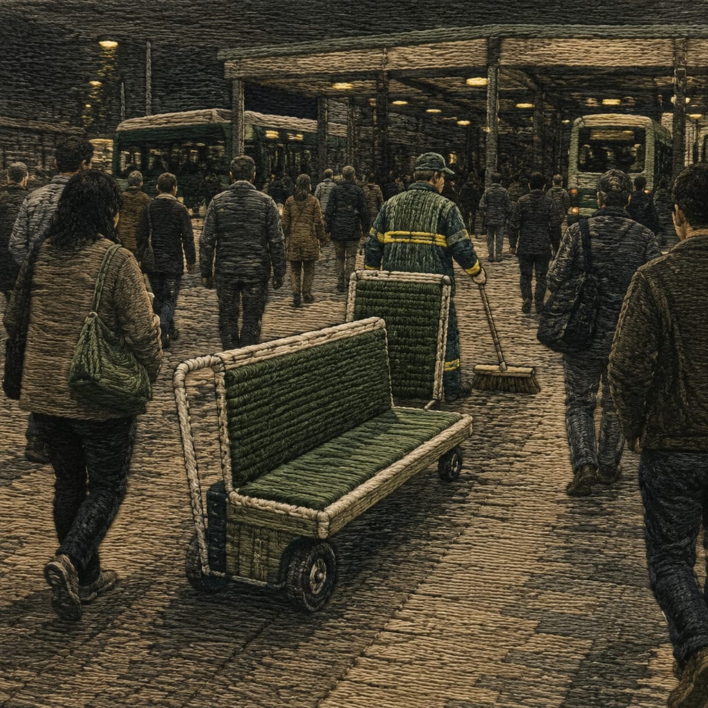 黑哥 AI 原创插画案例：寻找最疲惫路人的移动公共长椅：沿人群移动并在一位夜班工人身后停下。