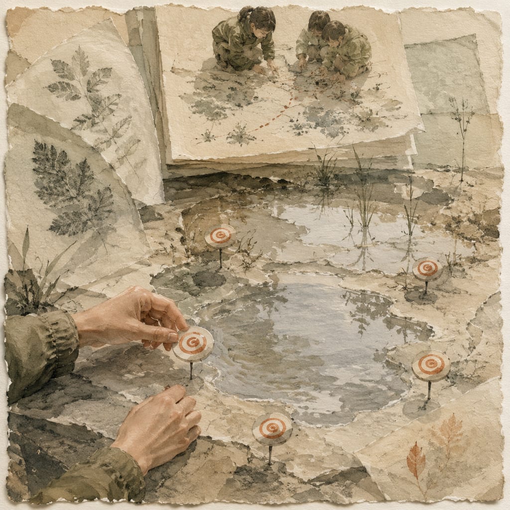 黑哥 AI 原创插画案例：为暴雨后花园重画道路的蜗牛测绘队：围绕积水放下螺旋形路标。