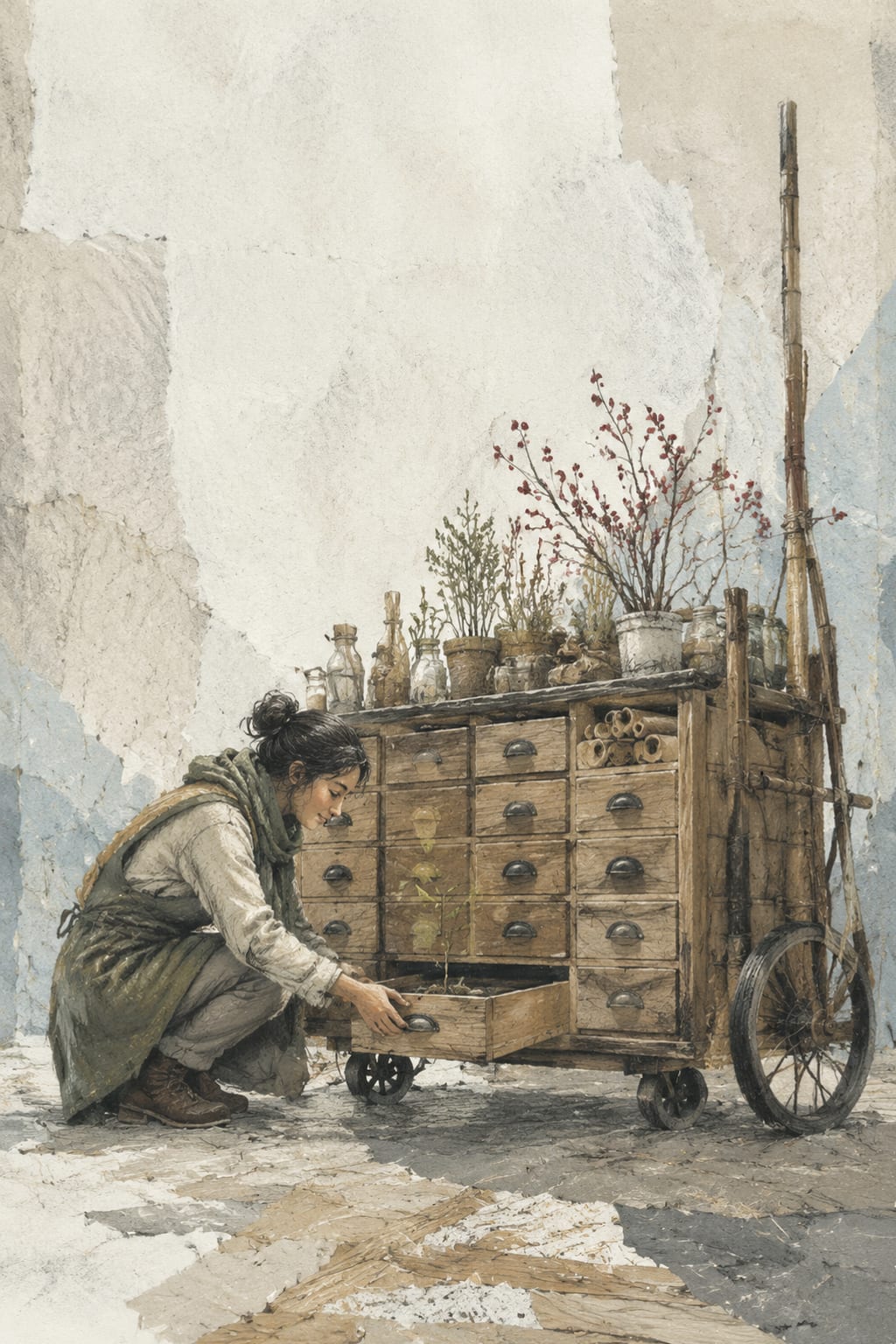 黑哥 AI 原创插画案例：用抽屉搬运未来森林的种子保管员：拉开最底层抽屉。