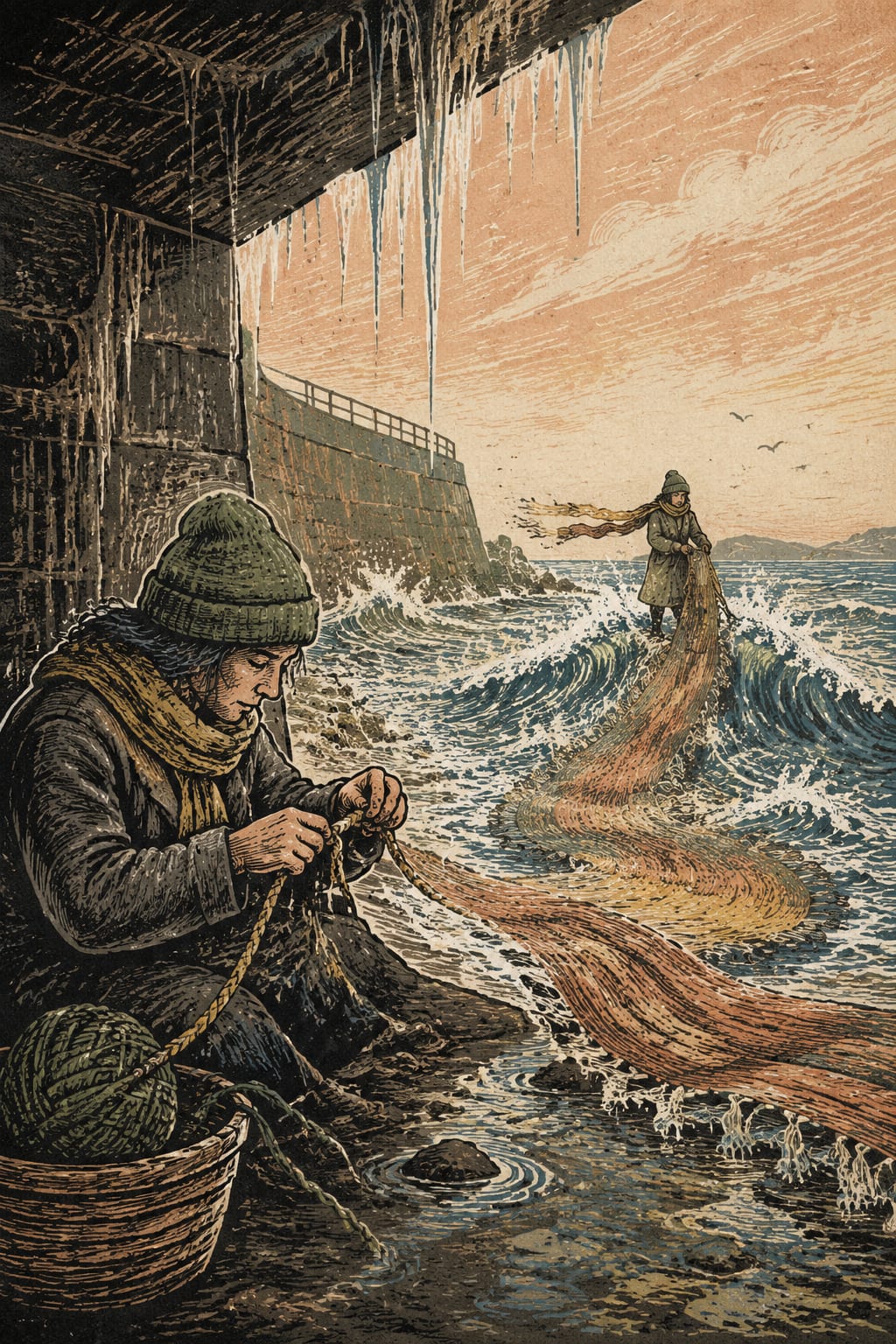 黑哥 AI 原创插画案例：把海浪织成长围巾的海边拾音者：踩着浪尖拉紧纱线。