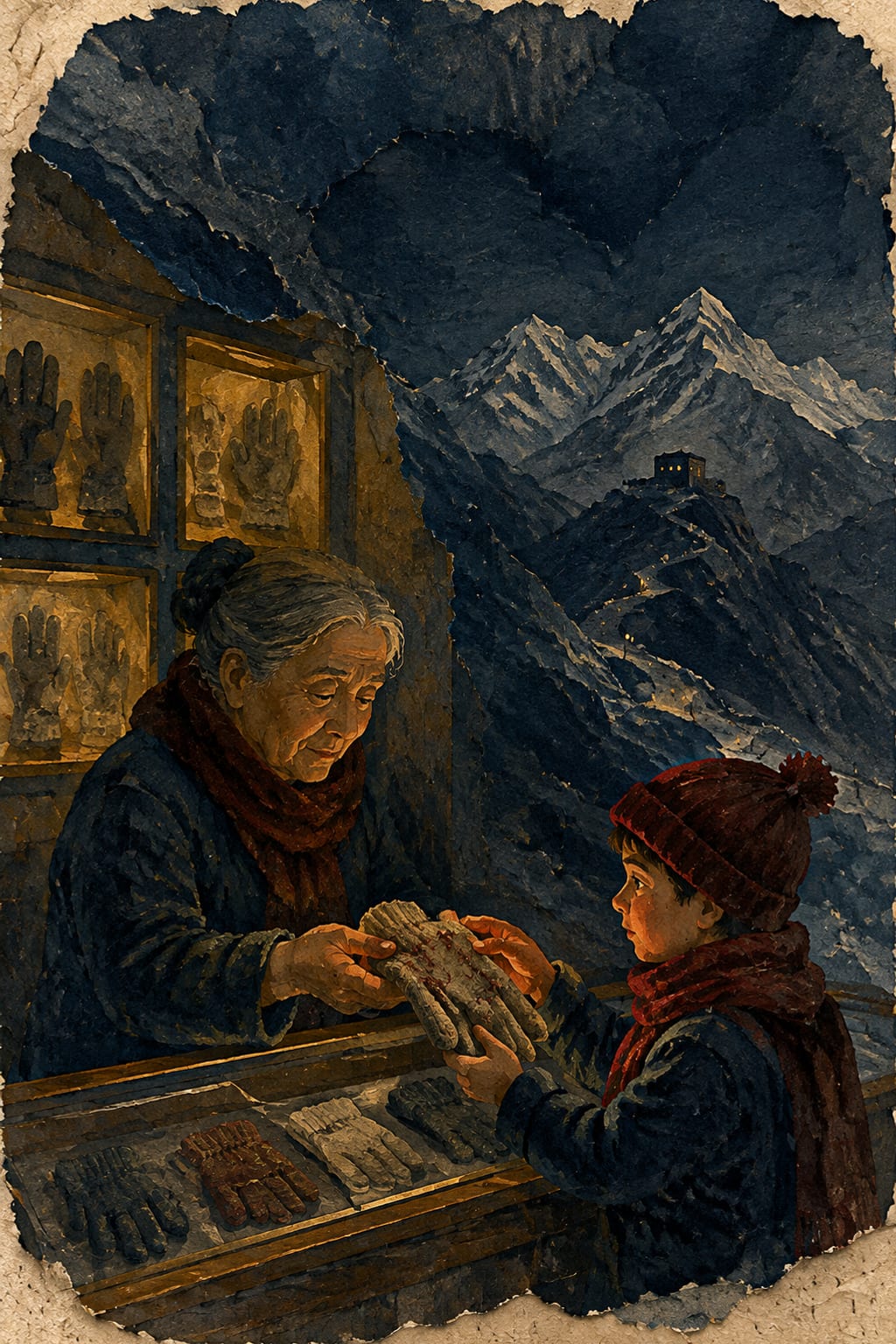 黑哥 AI 原创插画案例：替冬夜归还手部记忆的手套博物馆：从展柜取出一副补过的手套。