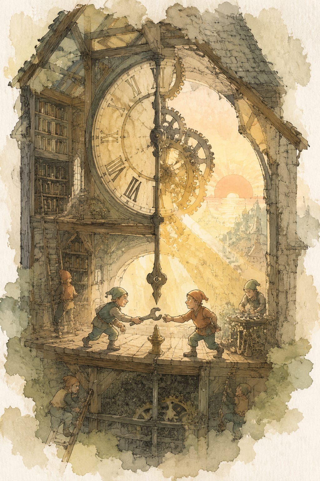 黑哥 AI 原创插画案例：在旧钟内部轮班修理清晨的小工人：在秒针停顿的一刻递过微小扳手。