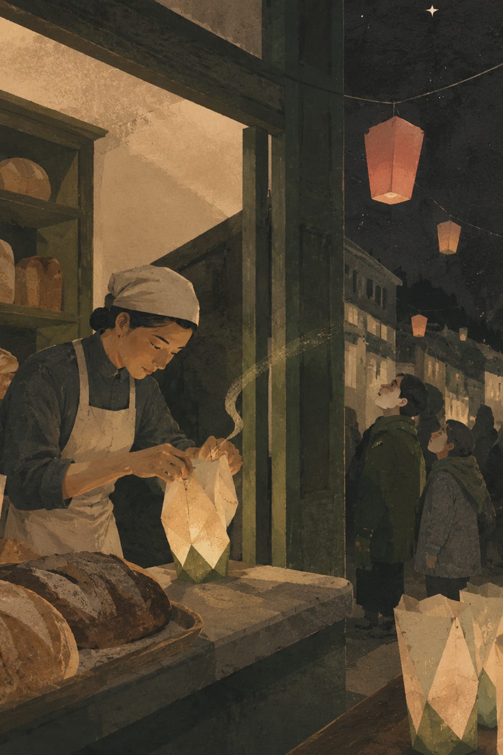 黑哥 AI 原创插画案例：把面包香气装进纸灯的夜班烘焙师：把最后一缕肉桂香折进灯腹。