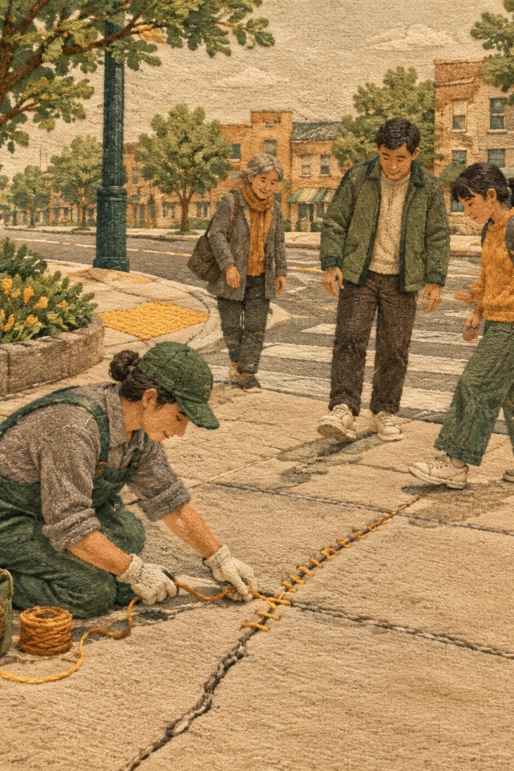 黑哥 AI 原创插画案例：用彩线缝合人行道裂缝的城市修补匠：跨过裂缝拉紧最后一针。