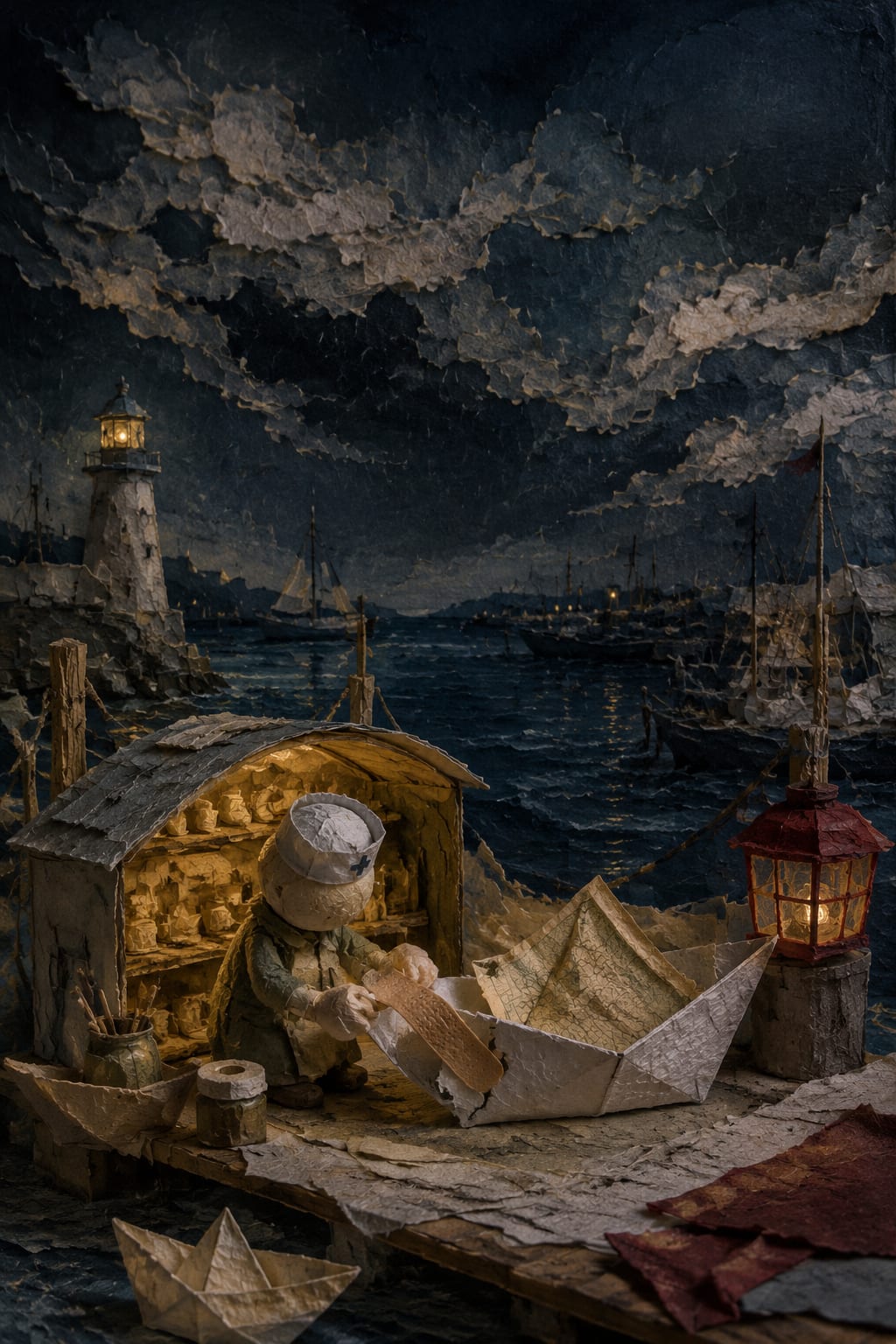 黑哥 AI 原创插画案例：给纸船修补航海梦的微型诊所：用纸浆绷带托住折断船首。