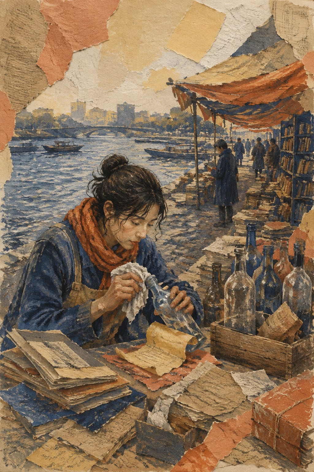 黑哥 AI 原创插画案例：从漂流瓶整理失落故事的河流图书员：擦干一只瓶口。