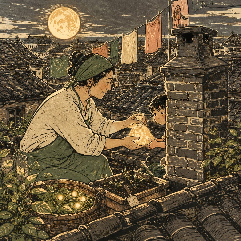 黑哥 AI 原创插画案例:把月光分装进种子袋的屋顶园丁:封好一袋刚收集的月光。