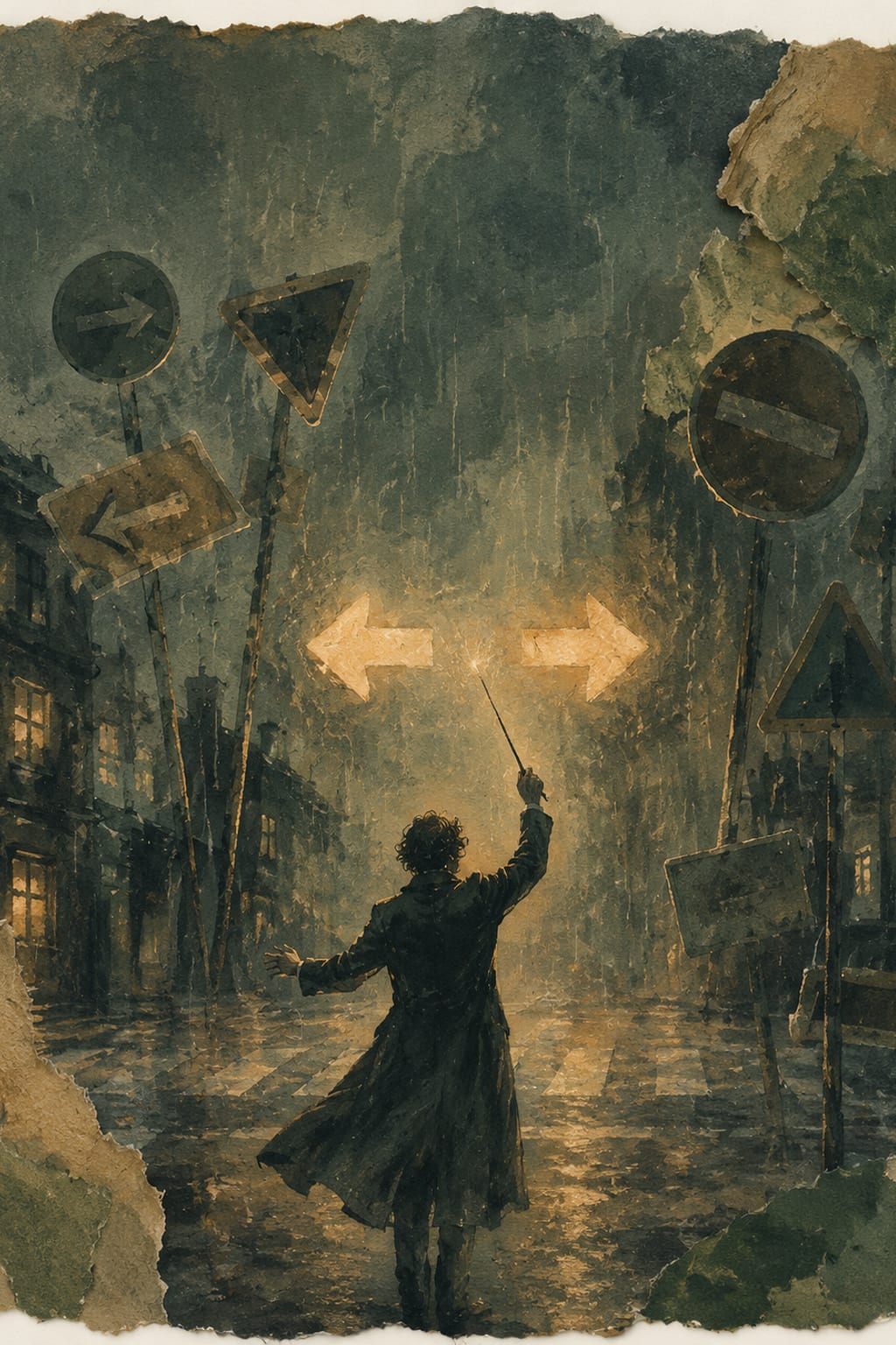 黑哥 AI 原创插画案例:为迷路路牌排练和声的夜间指挥:抬起细指挥棒。