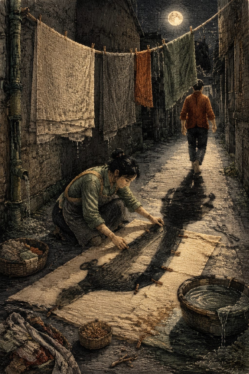 黑哥 AI 原创插画案例：把影子洗净晾回主人脚边的夜间洗衣店：把缩水影子重新拉长。