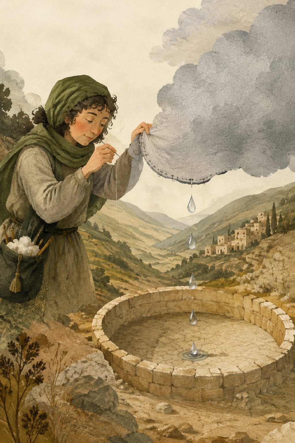 黑哥 AI 原创插画案例:替干旱村庄缝制小雨的云层裁缝:把一条银灰色云边穿过针眼。