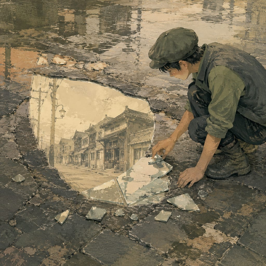 黑哥 AI 原创插画案例：在雨水银幕上放映失落街景的水洼放映员：调整水洼边缘碎玻璃反光。