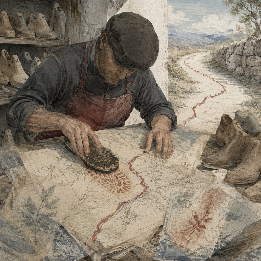 黑哥 AI 原创插画案例：按鞋底磨损重画旧路的鞋匠历史员：拓下鞋底缺口并叠在旧地图上。