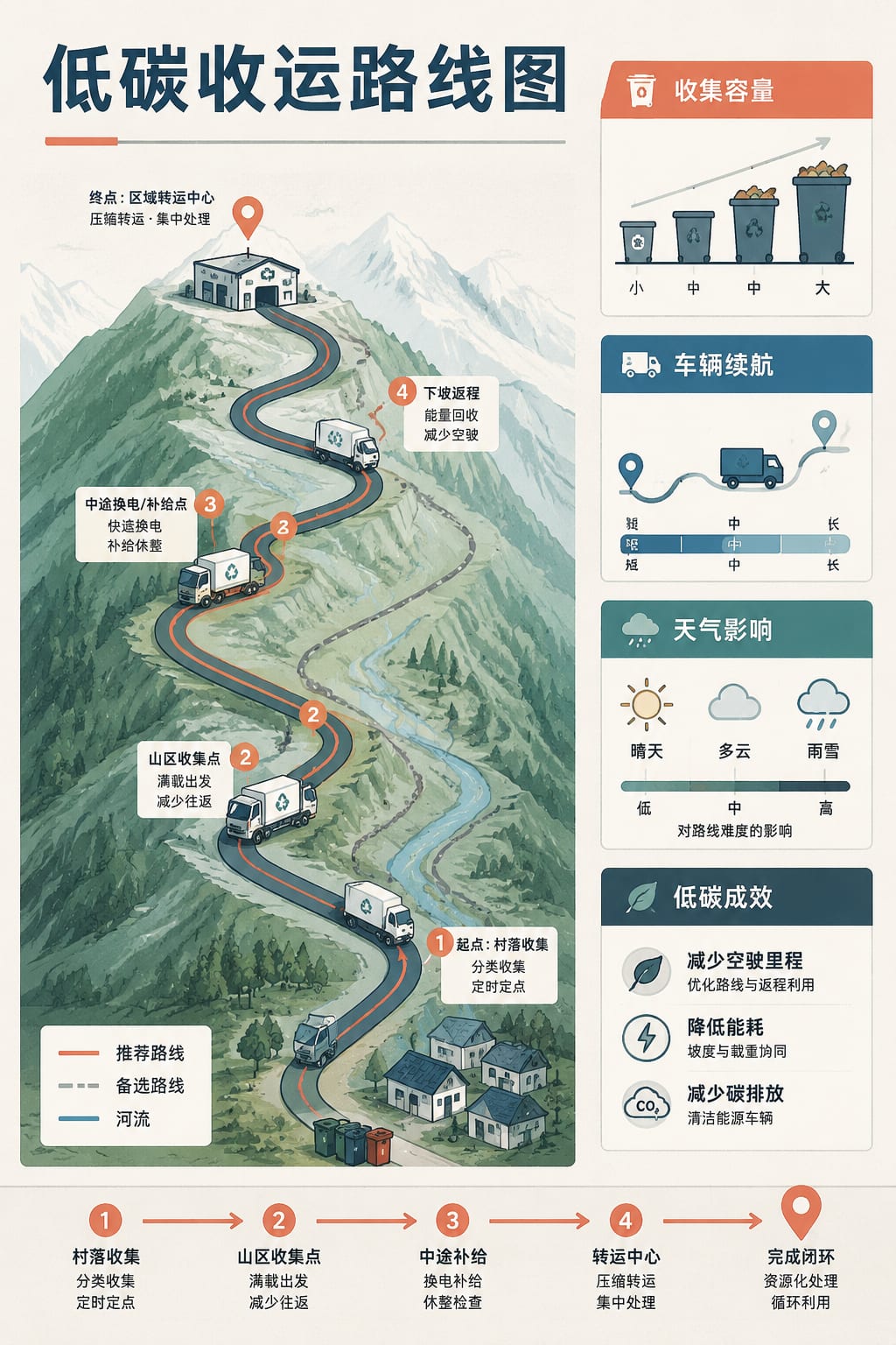 黑哥 AI 原创信息图与示意图案例：低碳收运路线图。