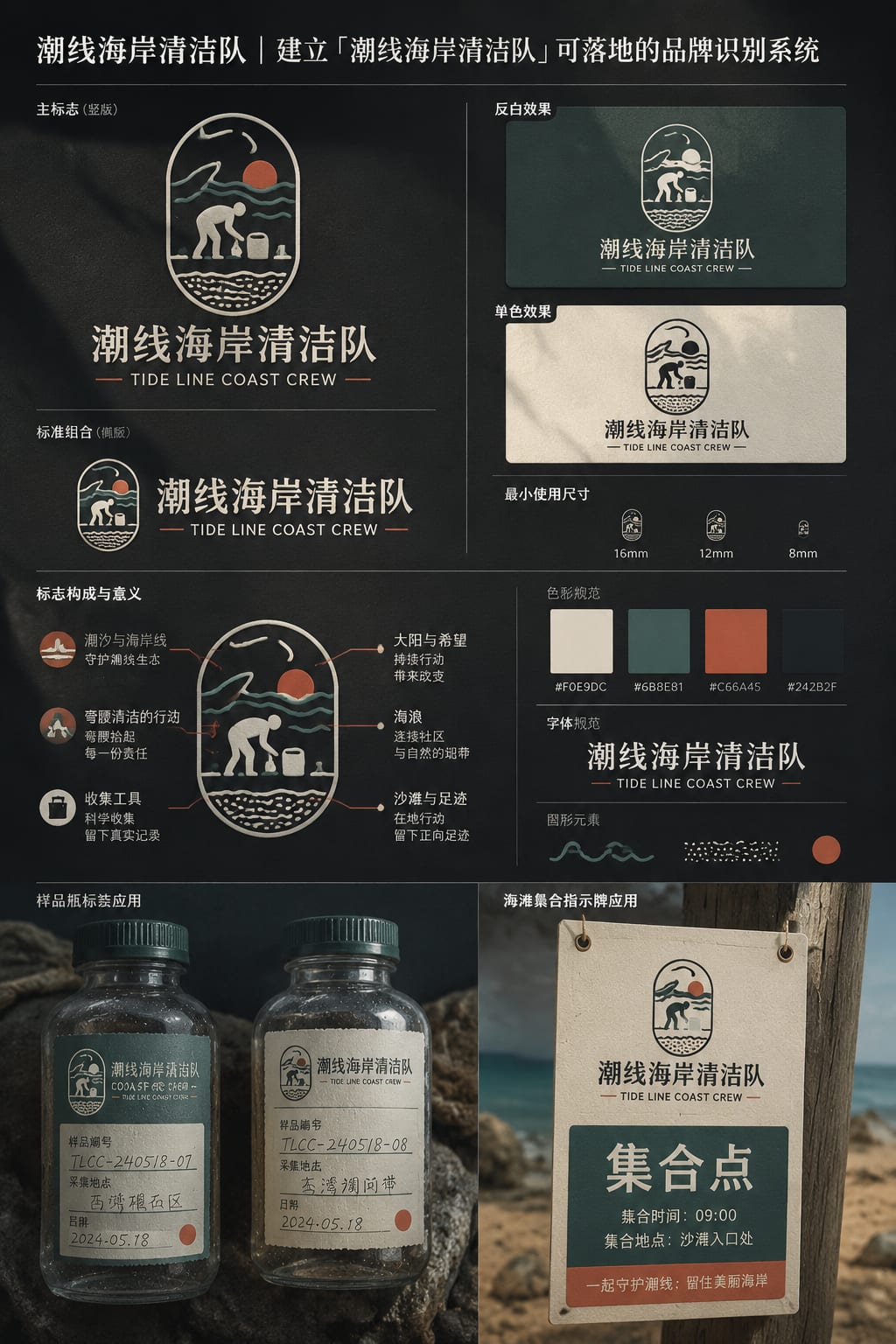 黑哥 AI 原创品牌识别案例:潮线海岸清洁队品牌识别提案。