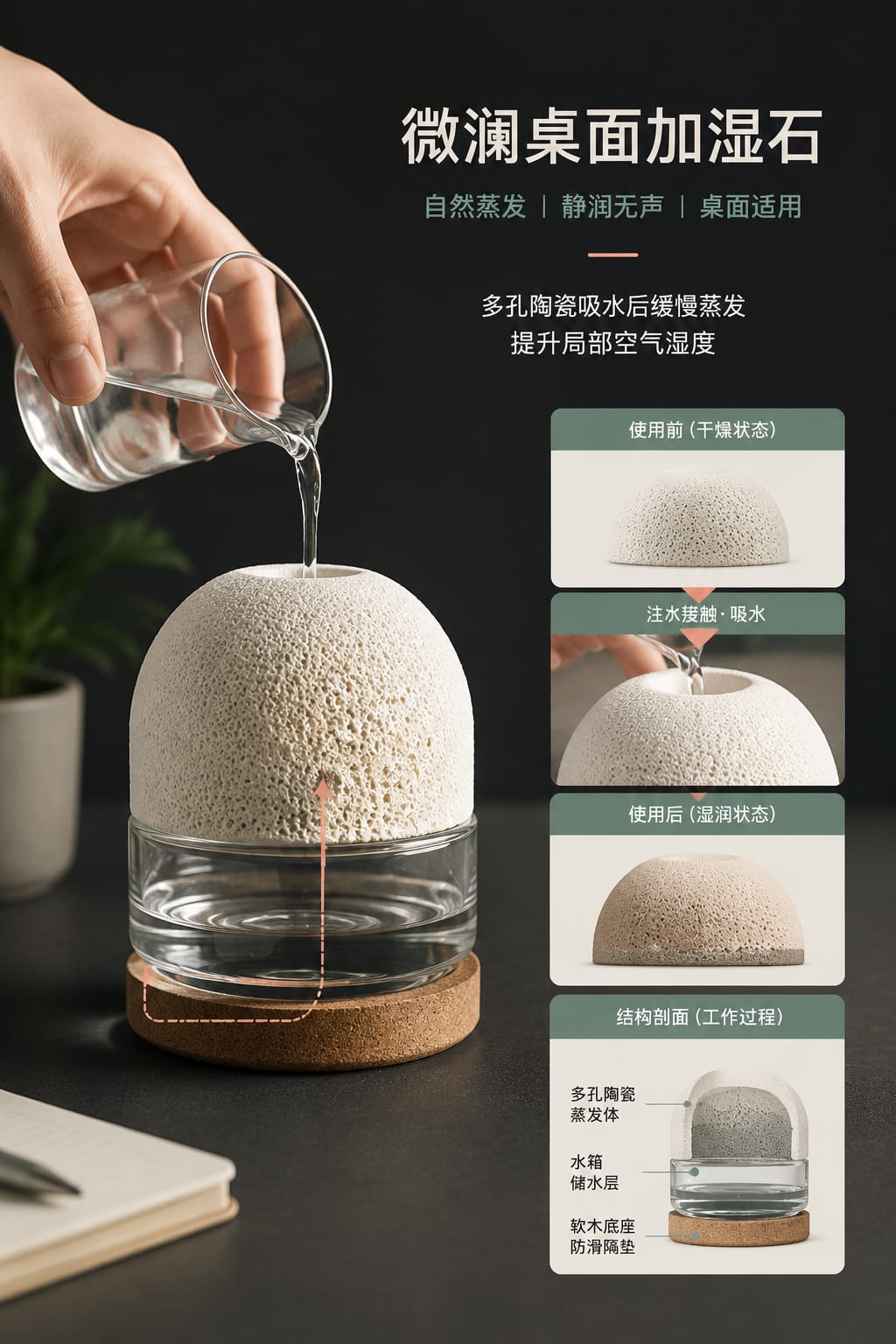 黑哥 AI 原创产品摄影案例:微澜桌面加湿石购买证据主图。