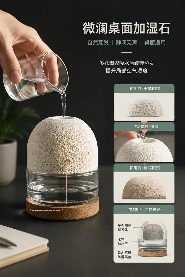 黑哥 AI 原创产品摄影案例：微澜桌面加湿石购买证据主图。