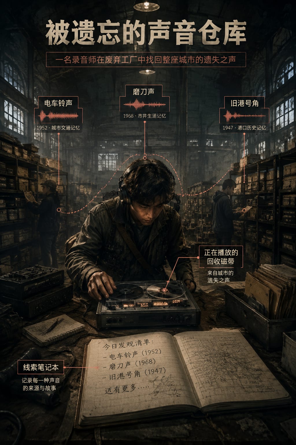 黑哥 AI 原创电影感场景案例:被遗忘的声音仓库叙事关键帧。