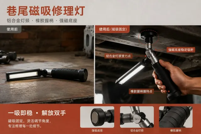 黑哥 AI 原创产品摄影案例：巷尾磁吸修理灯购买证据主图。