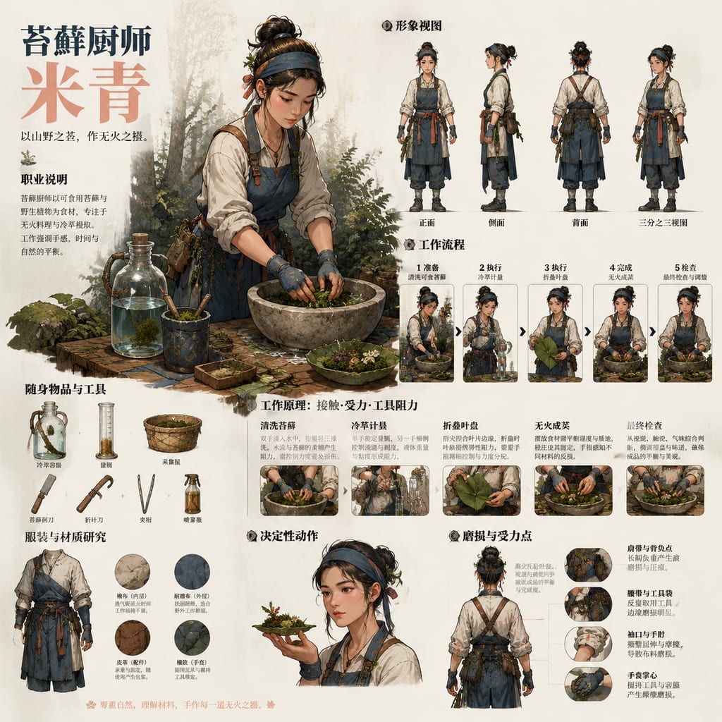 黑哥 AI 原创角色与 3D 玩偶案例：苔藓厨师米青制作级人物设定。