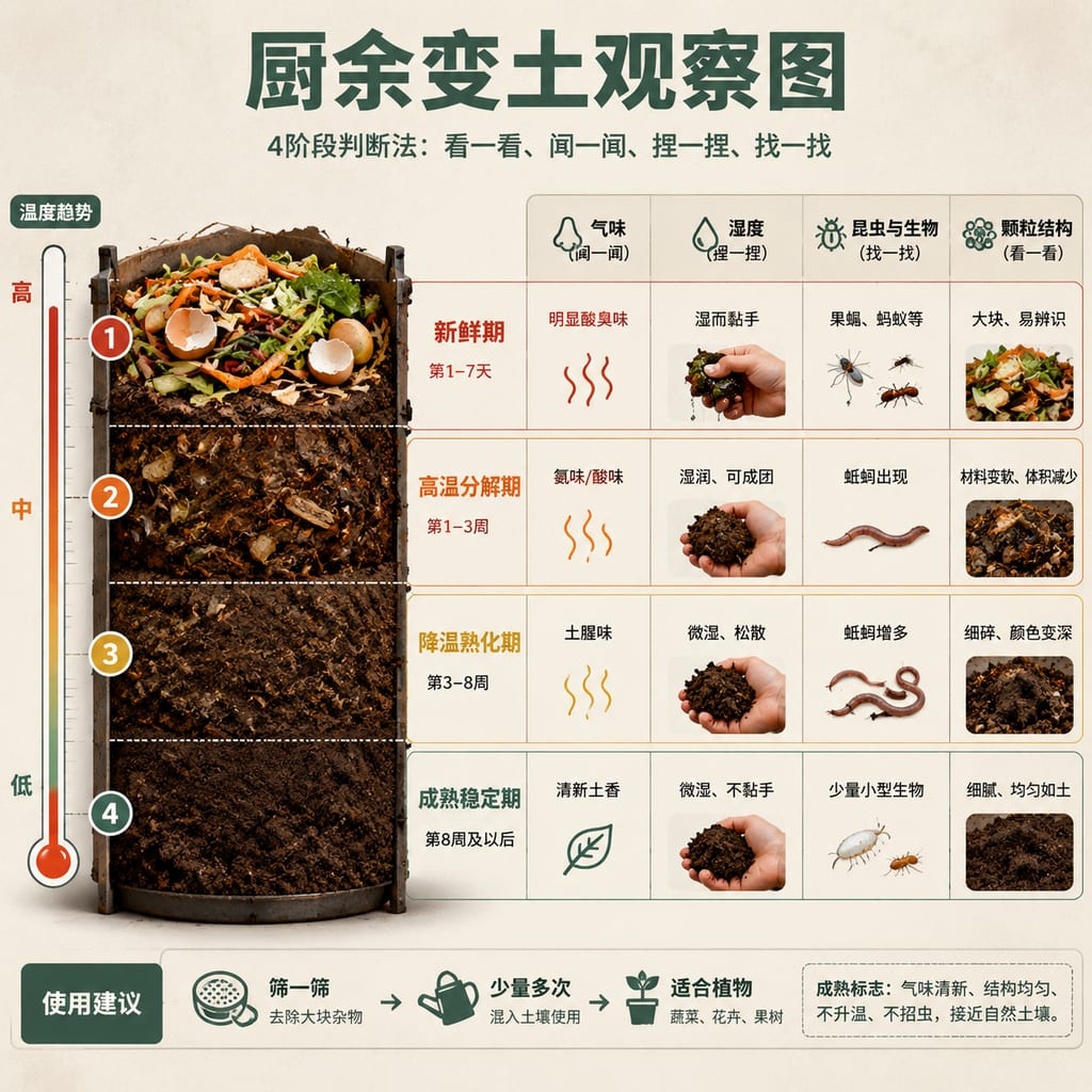 黑哥 AI 原创信息图与示意图案例：厨余变土观察图。
