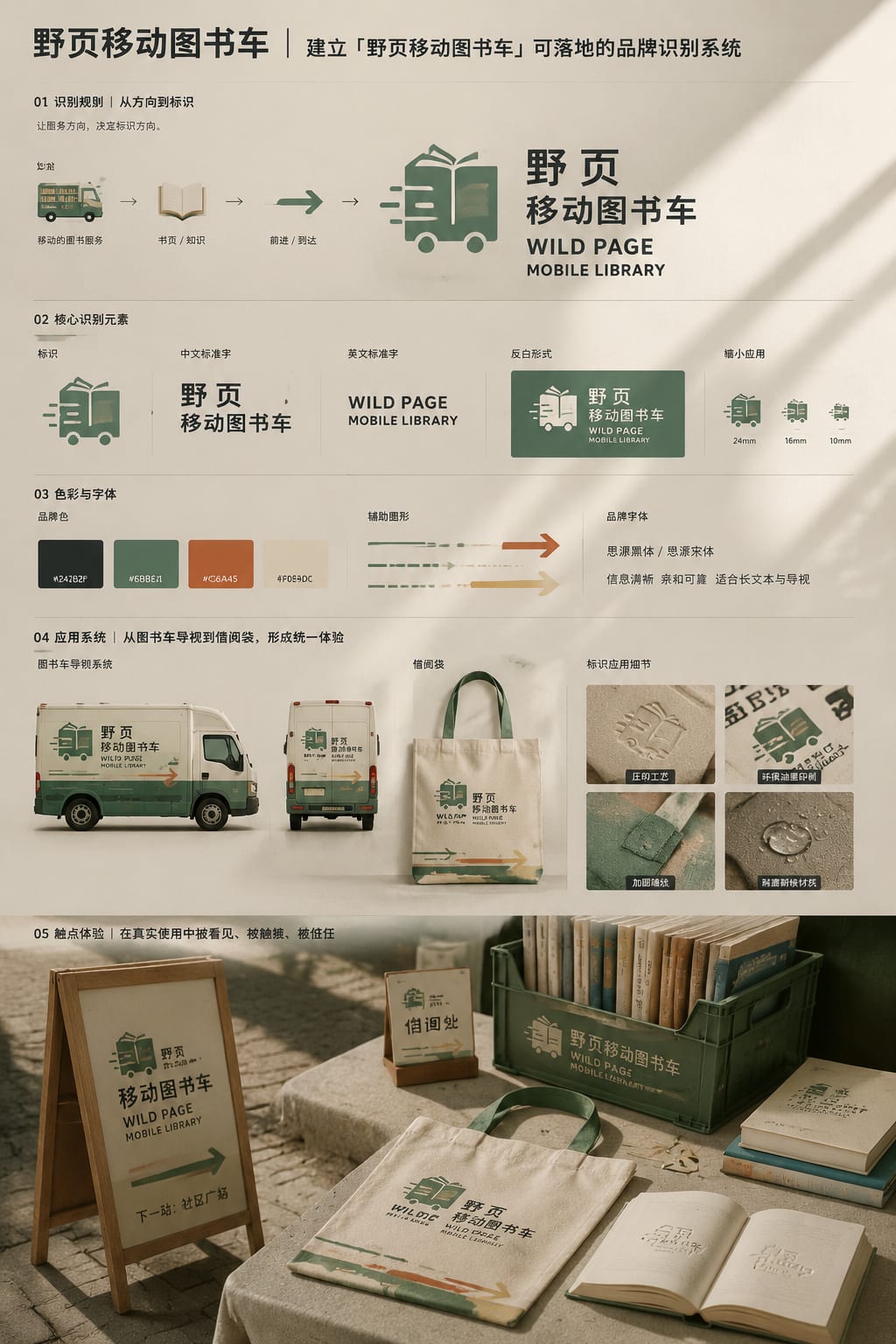 黑哥 AI 原创品牌识别案例：野页移动图书车品牌识别提案。