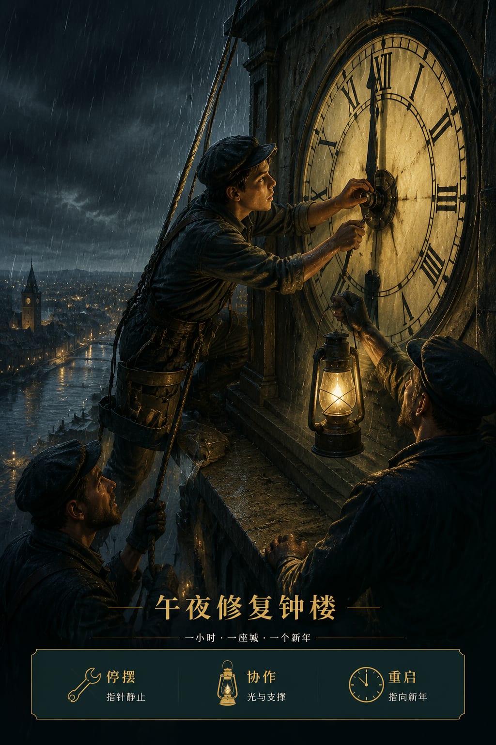 黑哥 AI 原创电影感场景案例:午夜修复钟楼叙事关键帧。