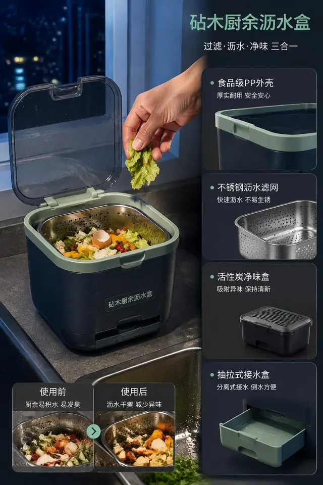 黑哥 AI 原创产品摄影案例：砧木厨余沥水盒购买证据主图。