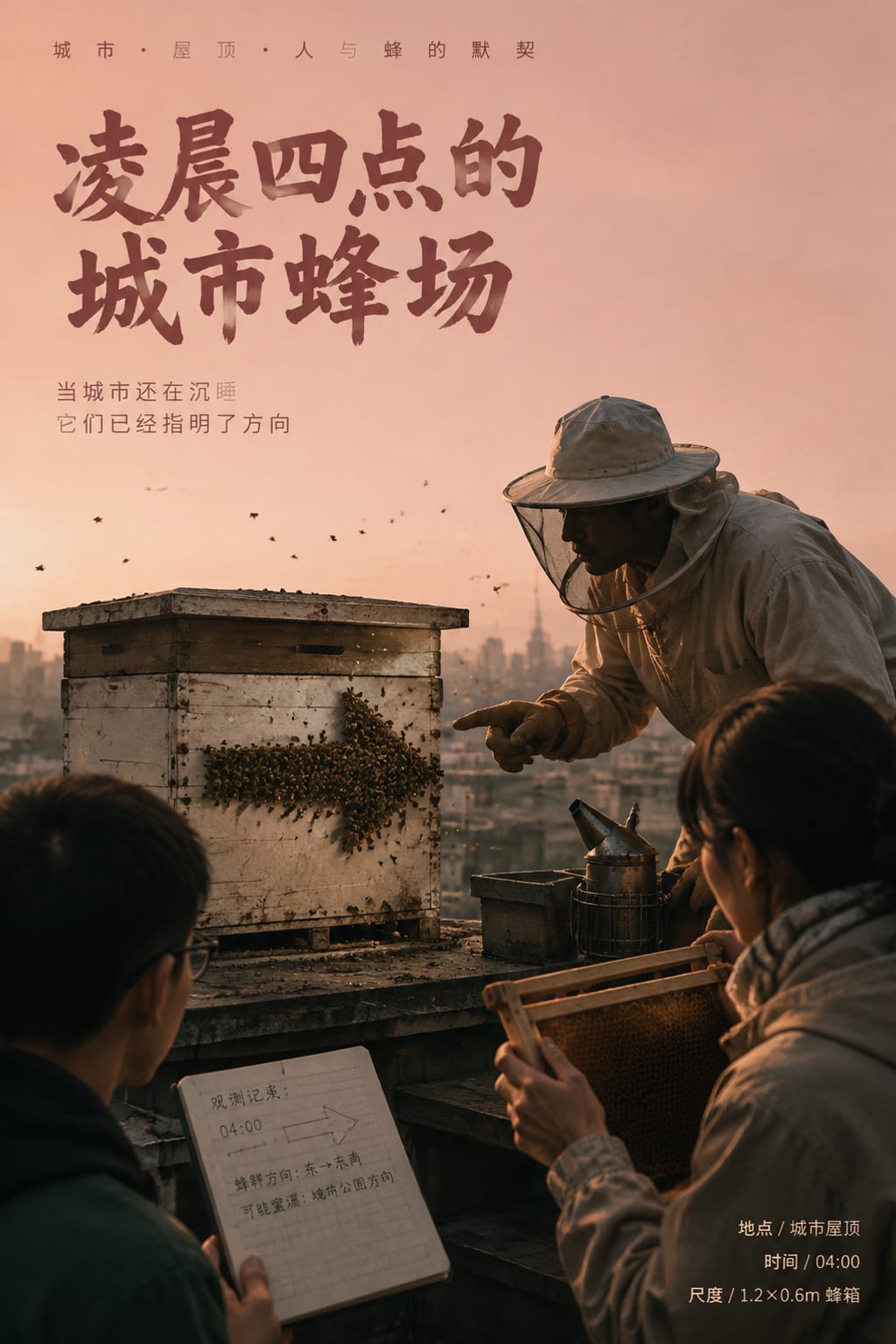 黑哥 AI 原创电影感场景案例:凌晨四点的城市蜂场叙事关键帧。