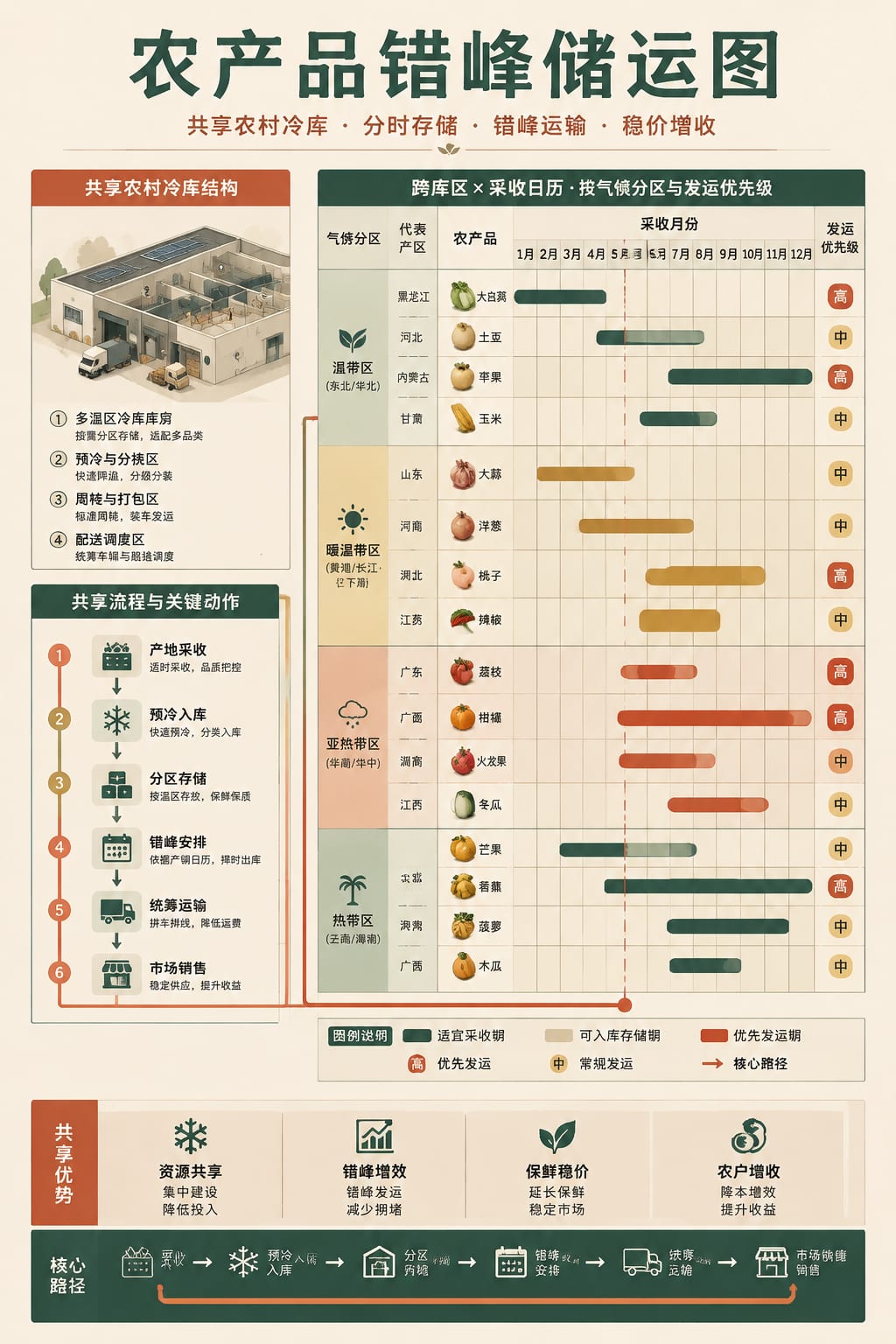 黑哥 AI 原创信息图与示意图案例：农产品错峰储运图。