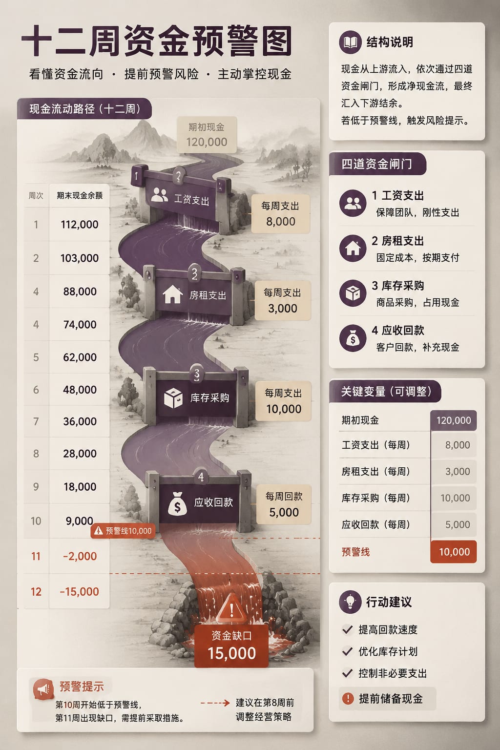 黑哥 AI 原创信息图与示意图案例：十二周资金预警图。