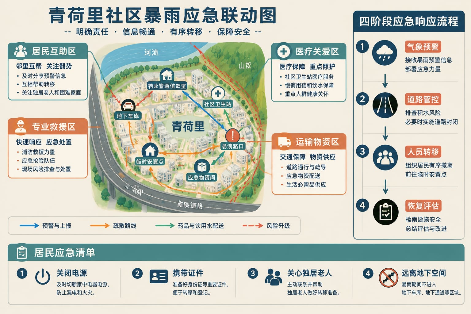 黑哥 AI 原创信息图与示意图案例：暴雨夜社区应急协作图谱。