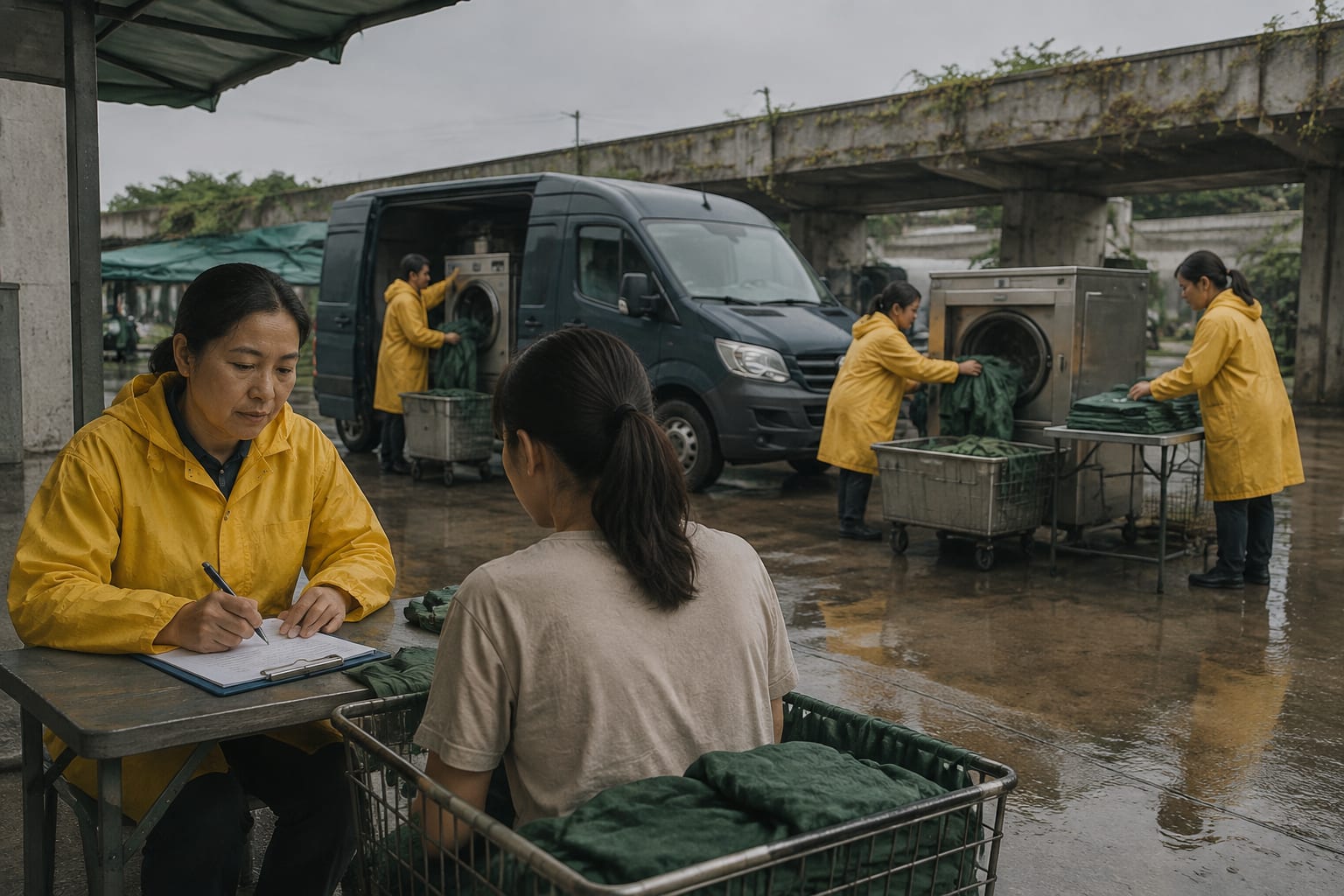 黑哥 AI 原创人像摄影案例：流动洗衣车服务团队：在三个连续场景中完成登记、清洗与归还。